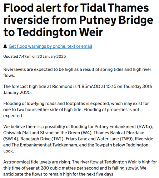 ⚠️ I've updated the Flood Alert for the tidal #Thames from #Putney to #Teddington for a high tide this afternoon. May be slightly higher than yesterday.

Expecting high tides each afternoon for the next few days.