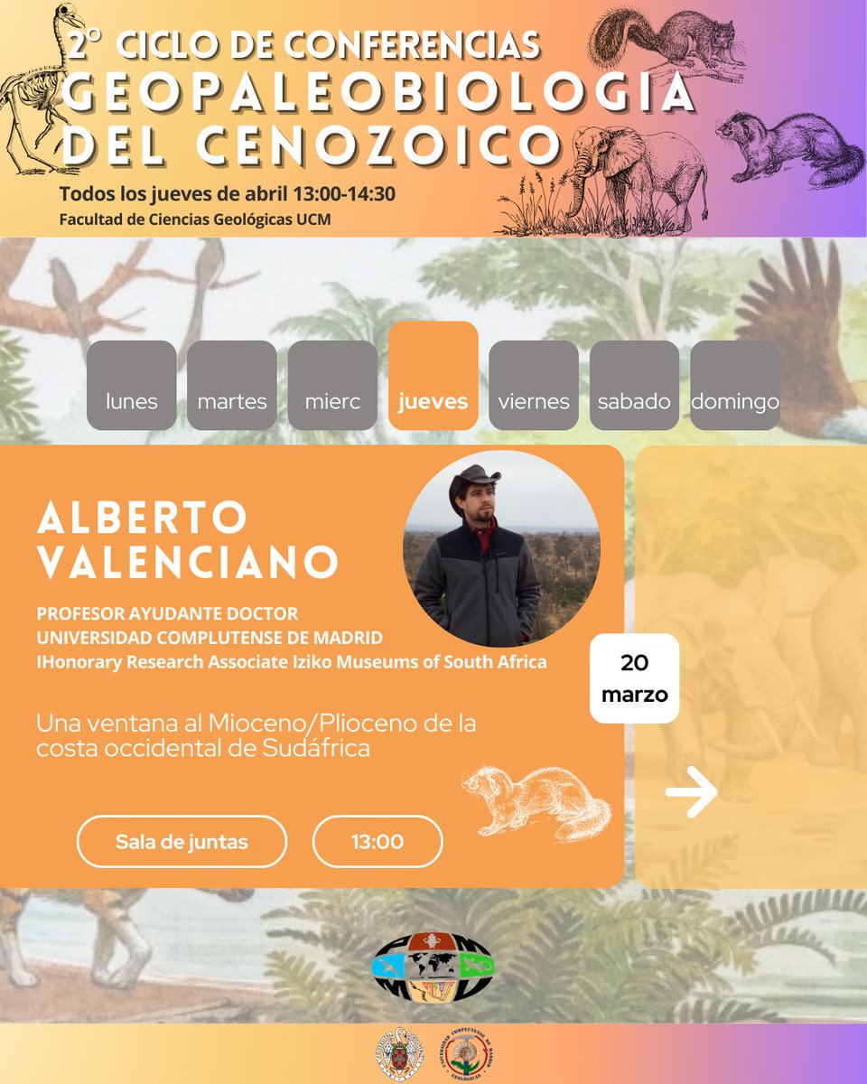 PMMV (@_pmmv_) on Twitter photo Continua el 2º ciclo de conferencias sobre "Geopaleobiología del Cenozoico". Esta semana <a href="/paleo_alberto/">PaleoAlbertoValenciano</a> nos hablará del Neógeno de Sudáfrica.
El próximo jueves en la Facultad de <a href="/geologicasUCM/">Facultad de Ciencias Geológicas</a> Continua el 2º ciclo de conferencias sobre "Geopaleobiología del Cenozoico". Esta semana <a href="/paleo_alberto/">PaleoAlbertoValenciano</a> nos hablará del Neógeno de Sudáfrica.
El próximo jueves en la Facultad de <a href="/geologicasUCM/">Facultad de Ciencias Geológicas</a>