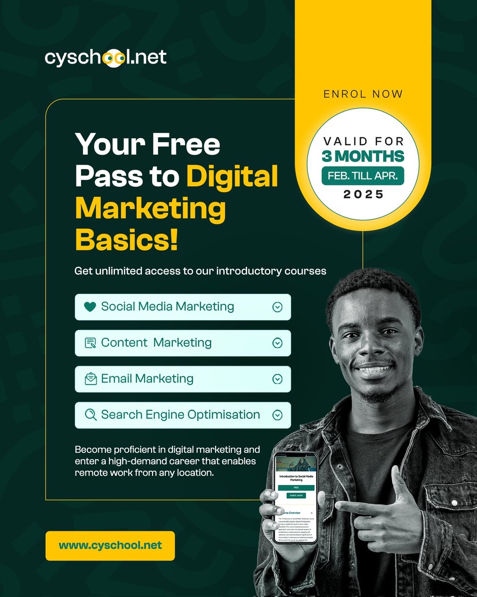 cyschooldotnet's tweet photo. For the next 3 months, you can take our introductory digital marketing courses 100% FREE! 
Don't make excuses—this is your opportunity! The offer is valid from February through April 2025. 
Register now at https://t.co/u4TPHSqsII  and start learning for free!
#CySchool https://t.co/lZK56FUmwc