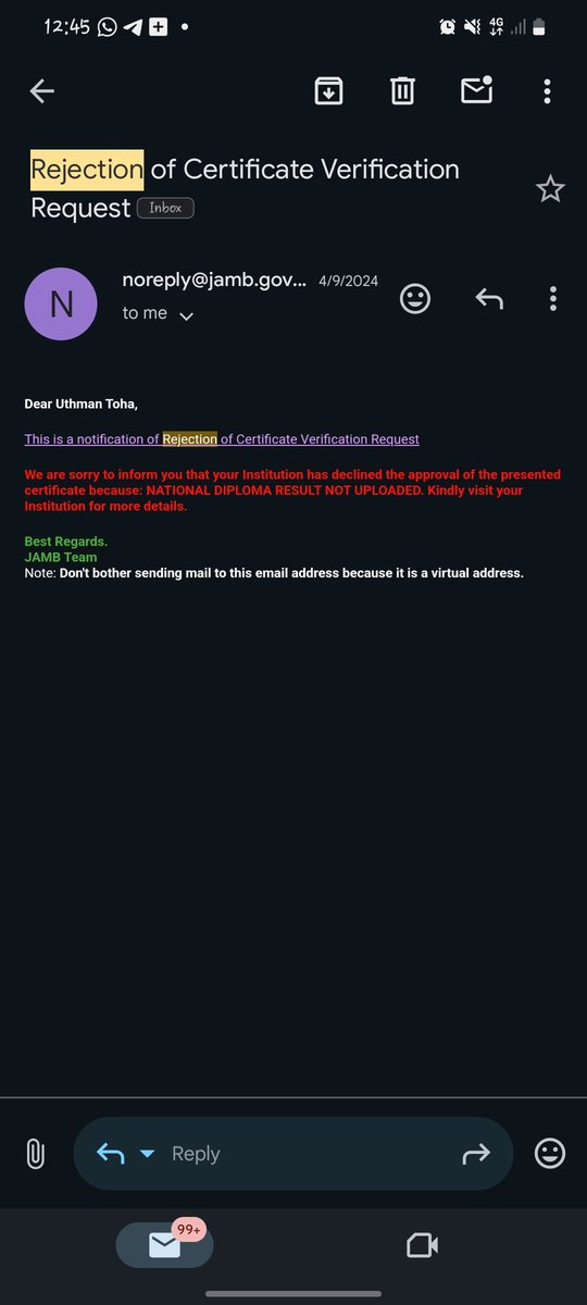 bami_de_le's tweet photo. @JAMBHQ My brother received an admission offer from Federal University of Minna last month. However, his JAMB admission status has remained as "ADMISSION IN PROGRESS, CHECK BACK LATER" for over two months.
He was sent the attached screenshot as a mail after his registration then https://t.co/d9M8hWRGHl