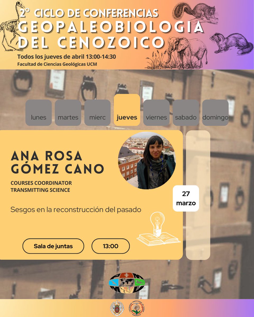 PMMV (@_pmmv_) on Twitter photo Esta semana finaliza el 2º ciclo de conferencias sobre "Geopaleobiología del Cenozoico", con una genial conferencia de clausura por parte de <a href="/argcPALEO/">Gomez Cano AR</a>, que nos hablará de los sesgos en Paleontología.
El próximo jueves en la Facultad de <a href="/geologicasUCM/">Facultad de Ciencias Geológicas</a> Esta semana finaliza el 2º ciclo de conferencias sobre "Geopaleobiología del Cenozoico", con una genial conferencia de clausura por parte de <a href="/argcPALEO/">Gomez Cano AR</a>, que nos hablará de los sesgos en Paleontología.
El próximo jueves en la Facultad de <a href="/geologicasUCM/">Facultad de Ciencias Geológicas</a>