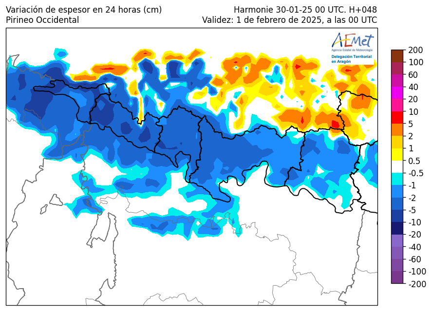 AEMET_Aragon's tweet photo. Variaciones espesor #nieve❄️previstos en #Pirineos por modelo Harmonie en 24 h JUE 30 y VIE 31. Hoy @cJacetania es la que se lleva mayor cantidad @EMAsSobrarbe y #Ribagorza en divisoria. Mañana, seguirá acumulando espesor @llanoshospital pero⬇️resto #ventisca #aludes https://t.co/ICjqC3NjyK