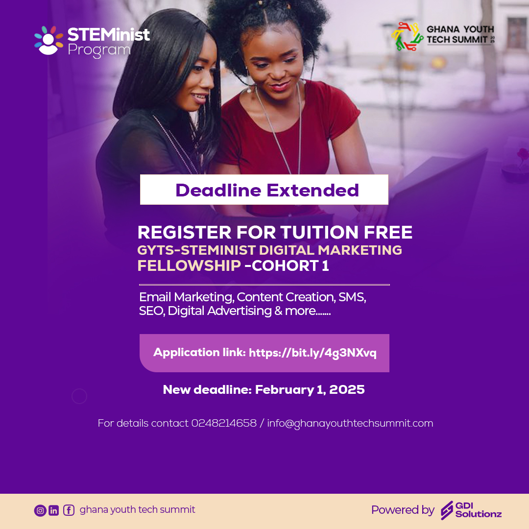 GYTS2026's tweet photo. Not registered yet?
No worries! Application deadline extended.
Register for tuition-free #GYTS #STEMinist Digital Marketing fellowship and be part of an incredible community of young women making impact in the digital tech space
Register at https://t.co/AZSvuLogM2.
#GYTS https://t.co/gxxSKIDokq
