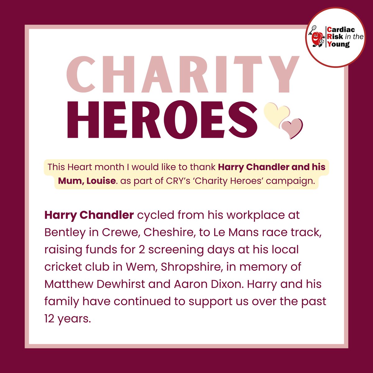 #CharityHeroes Thank you <a href="/Chandler_H_/">Harry Chandler</a> <a href="/WemCricketClub/">Wem CC</a> <a href="/CRY_UK/">CRY</a> <a href="/debsydixon/">DEBORAH DIXON</a>