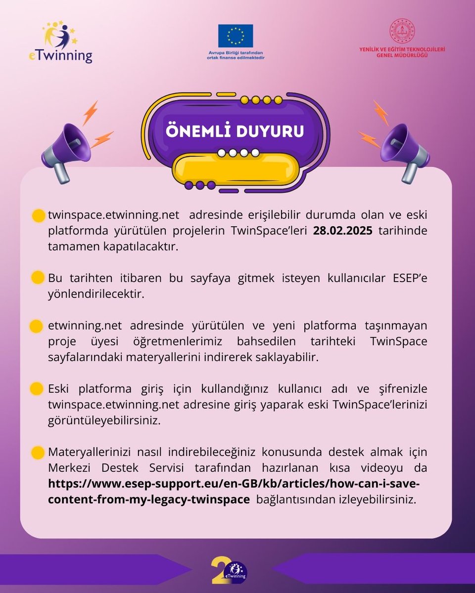 📢ÖNEMLİ DUYURU📢

🟡twinspace.etwinning.net  adresinde erişilebilir durumda olan ve eski platformda yürütülen projelerin TwinSpace’leri 28.02.2025 tarihinde tamamen kapatılacaktır. 

📲Detaylar için görseli inceleyiniz.