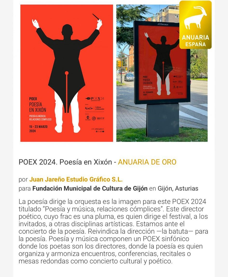 🎙️ La imagen de POEX 24 diseñada por <a href="/juanjareno/">Juan Jareño</a> ha sido premio ANUARIA DE ORO a la mejor ilustración‼️

🏆veredictas.com/es/premios/pre…

#poex #gijon <a href="/Culturagijon/">Cultura Gijón /Xixón</a> <a href="/gijon/">Gijón/Xixón</a>