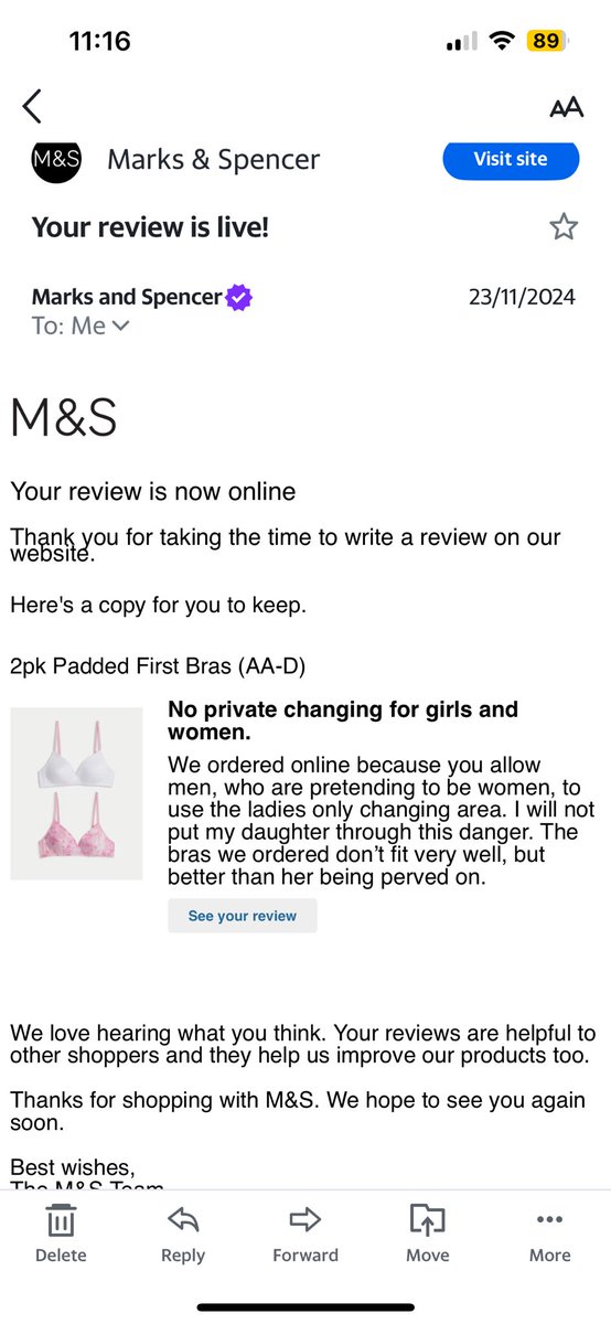 Emma_twam's tweet image. Someone at Marks and Spencer has deleted my review. 

@WomensRightsNet 
@StandingforXX 
@fairplaywomen
@SexMattersOrg 

#boycottmarksandspencer