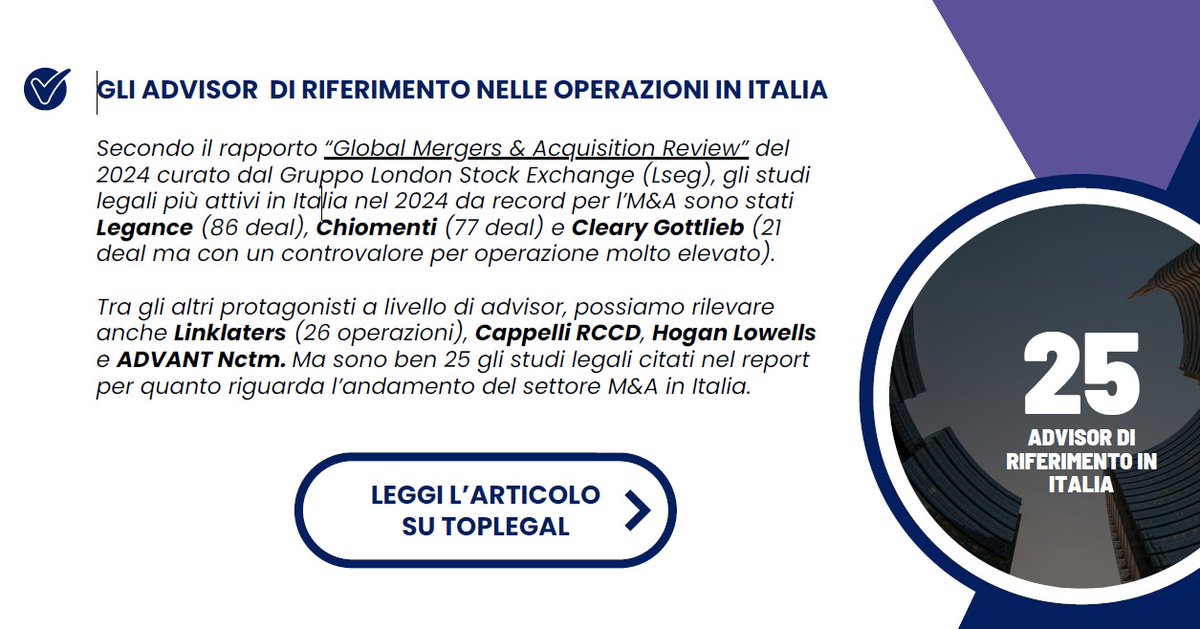 xdatanet's tweet image. Di un settore M&amp;amp;A da record in Italia abbiamo già parlato. Ma chi sono stati i protagonisti? Per quanto riguarda gli studi legali, sono 25 quelli citati nel rapporto “Global Mergers &amp;amp; Acquisition Review”, come scrive TopLegal. toplegal.it/art/ma-gli-stu…