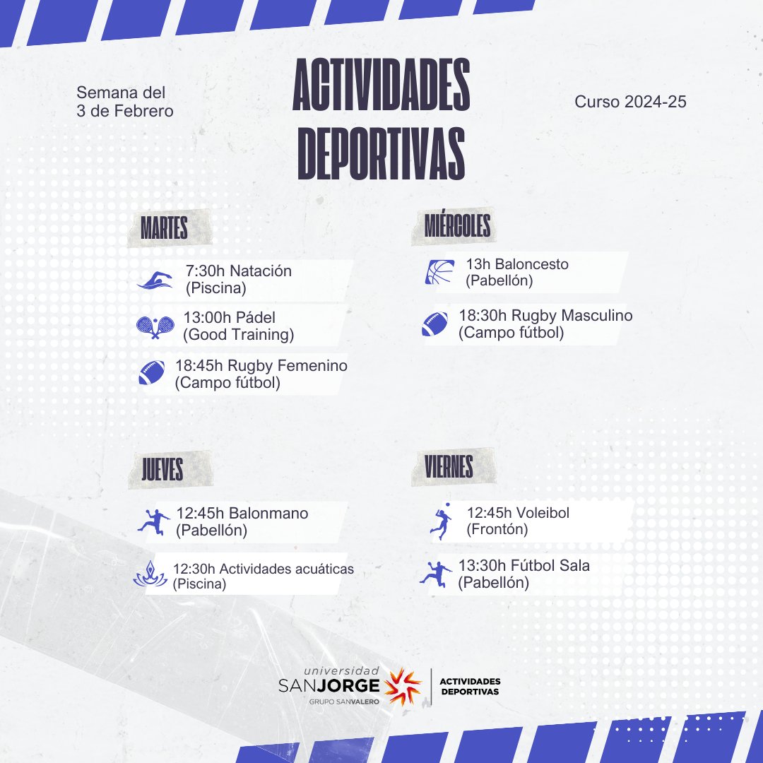 ¡ Vuelven las actividades deportivas !
Tras el periodo de exámenes es hora de recuperar la rutina deportiva y para ello tenéis una semana cargada de distintas posibilidades para todos los gustos.
Reserva tu plaza en Trainingym