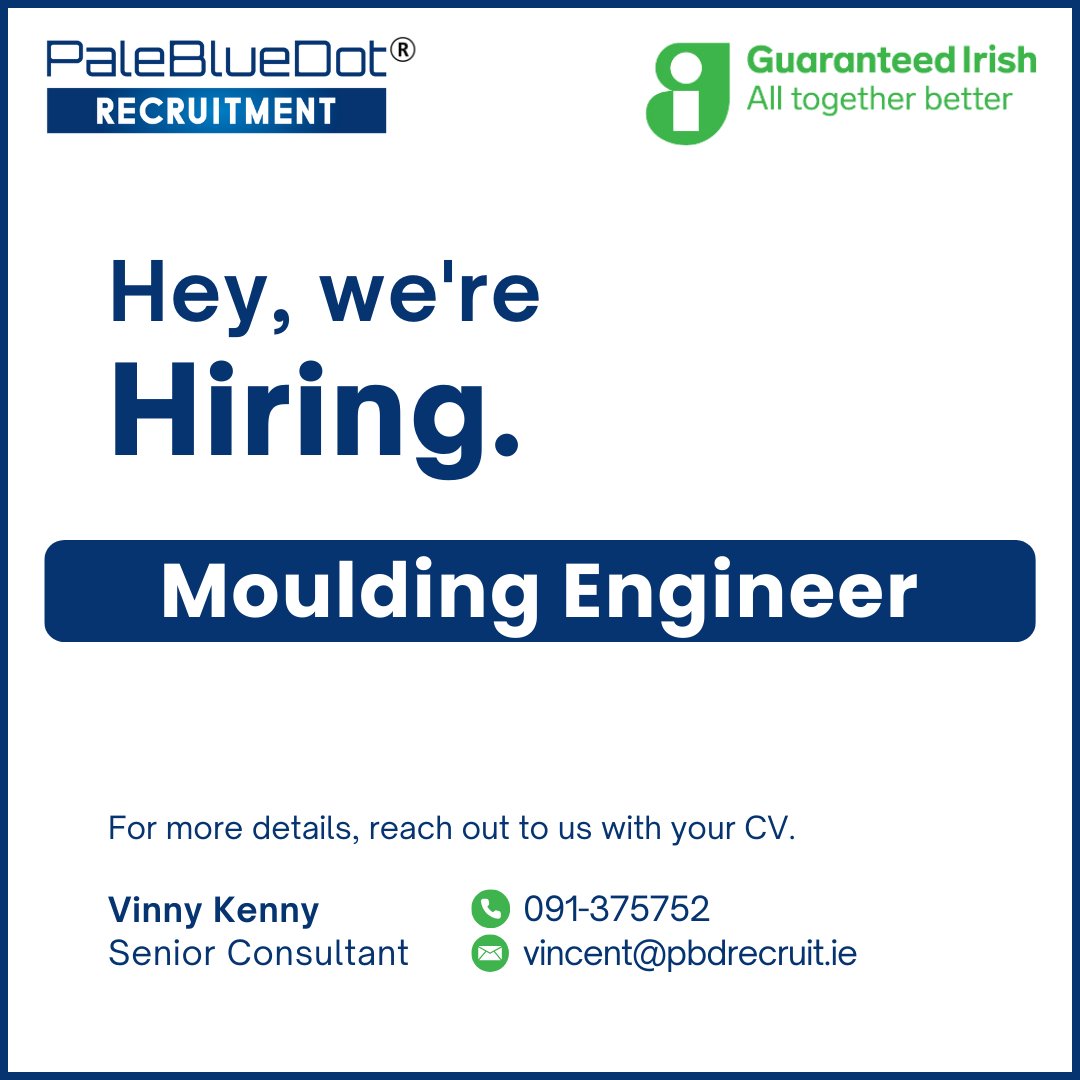 PBDRecruit's tweet photo. Our Client, a leading Medical Device company in Leitrim, is looking for a Moulding Engineer to join their team.

Contact Vinny or visit https://t.co/ShFAgD1aeB
for more details
#PaleBlueDotRecruitment #MedTech  #GetInvolvedToday https://t.co/B7ienW0gAl