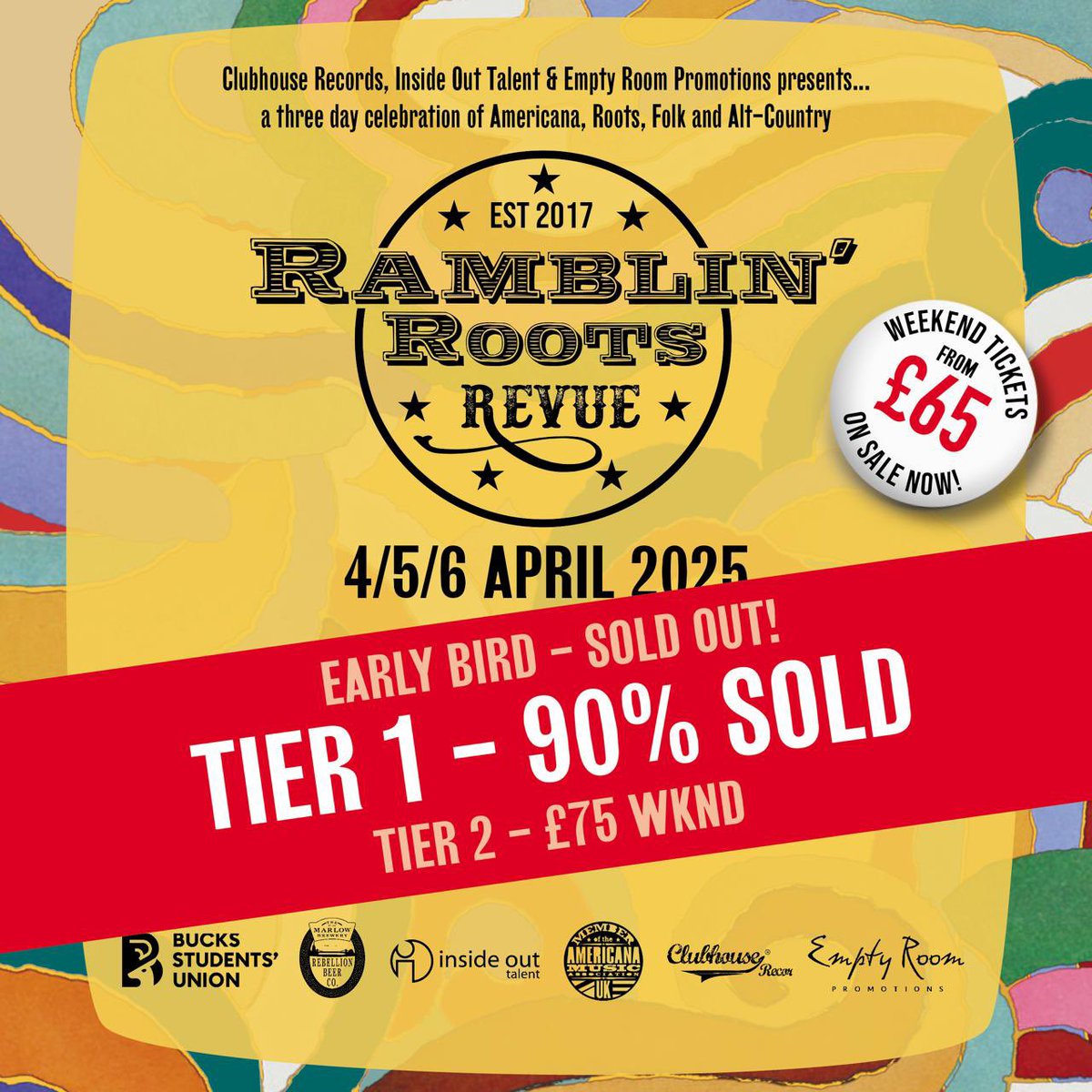 Ramblin_Roots's tweet photo. 🙏 Thank you 🙏 

Tier One full weekend tickets are 90% sold!! 🤯 

Get your hands on the last few now, when they are gone Tier 2 will be available at £75.

 While you can still enjoy the full weekend experience for just £65, why miss out? 🤷‍♂️

🎫: https://t.co/X2aONWSkMJ https://t.co/k2wHypcnup