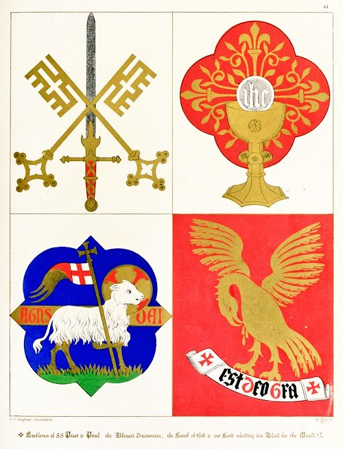 Pugin_awn's tweet image. #Emblems of #stPeter &amp;amp; #stPaul; #theblessedSacrament, &amp;amp; the #LambofGod. #Plate of #Glossaryofecclesiasticalornament &amp;amp; #costume. #AWNPugin, 1844.

#augustuspugin #pugin #gothicrevival #pugindesign #medievalemblem #glossaryofecclesiasticalornamentandcostume #puginbook #gothicemblem