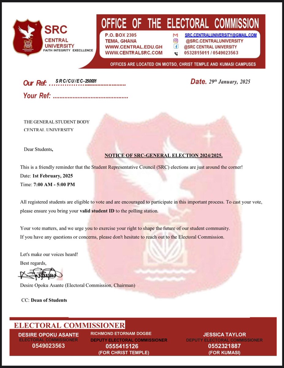 SrcCentral's tweet photo. 🚨NOTICE🚨

The office of the Electoral Commission of Central University, reminds students about the SRC General Elections which will take place this Saturday, February 1st, on all 3 campuses. 

Please participate in this exercise and come along with your Student ID card.
#CUsrc https://t.co/TWrPqTdkV8