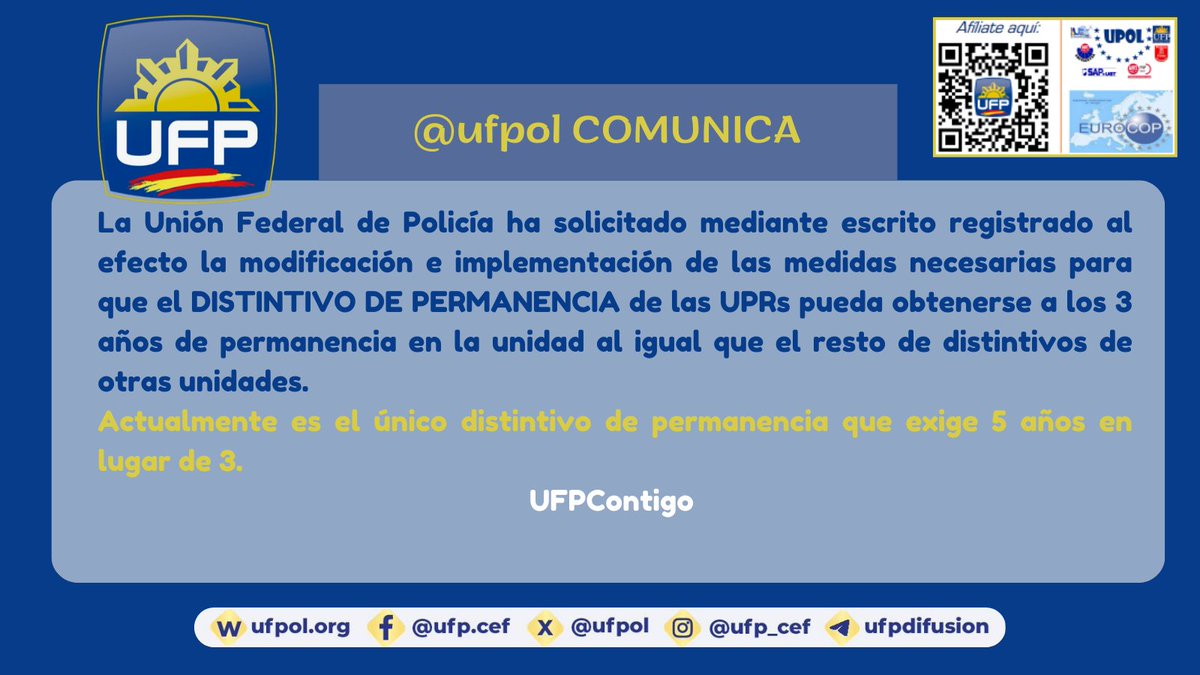 ufpol's tweet photo. 👮♂️Seguimos trabajando para que las cosas mejoren y avancen.
👎Las UPRs han de hacer 5 años para obtener el distintivo de permanencia en lugar de 3 años como el resto de unidades.
⁉️Hemos solicitado explicaciones y que se nos informe el motivo.
#UPR #Policia #UFPavanza https://t.co/JCzNuJkSBm