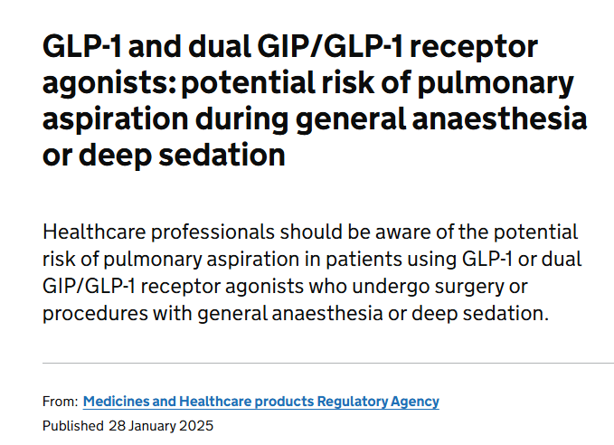 Partha S Kar 🇮🇳🇬🇧🏏🎥 (@parthaskar) on Twitter photo IMPORTANT:
Drug safety update on GLP-1 & dual GIP/GLP-1 agonists -relevance to anaesthesia via <a href="/MHRAgovuk/">MHRAgovuk</a>
Especially in light of rise in prescription of these medications
Please use, cascade, RT
cc <a href="/kamleshkhunti/">Prof Kamlesh Khunti</a> <a href="/DanielJDrucker/">Daniel J Drucker</a> <a href="/doctor_oxford/">Dr Rachel Clarke</a>
Link:
gov.uk/drug-safety-up… IMPORTANT:
Drug safety update on GLP-1 & dual GIP/GLP-1 agonists -relevance to anaesthesia via <a href="/MHRAgovuk/">MHRAgovuk</a>
Especially in light of rise in prescription of these medications
Please use, cascade, RT
cc <a href="/kamleshkhunti/">Prof Kamlesh Khunti</a> <a href="/DanielJDrucker/">Daniel J Drucker</a> <a href="/doctor_oxford/">Dr Rachel Clarke</a>
Link:
gov.uk/drug-safety-up…