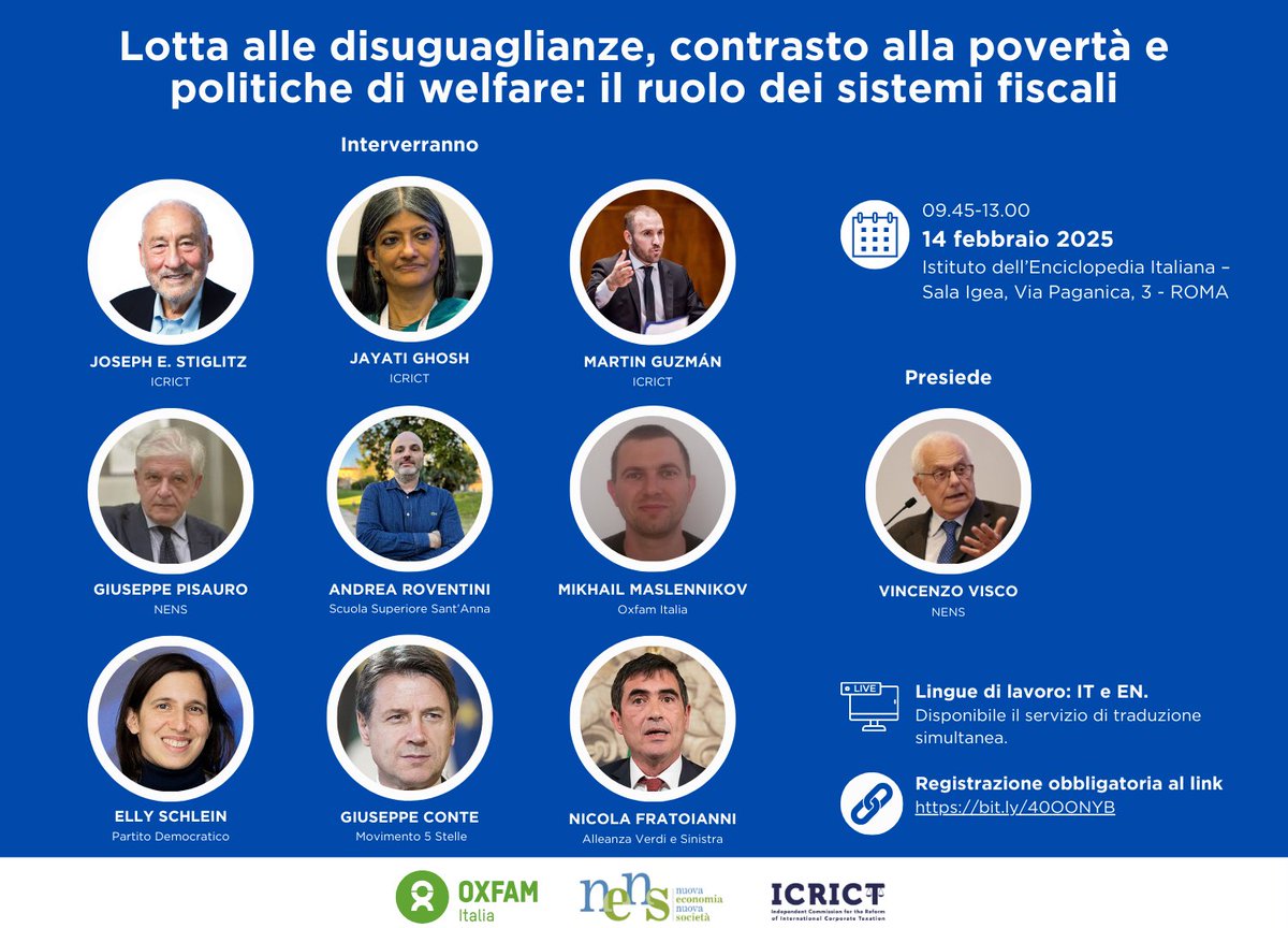 📌SAVE THE DATE. Convegno 'Lotta alle #disuguaglianze, contrasto alla #povertà e politiche di #welfare: il ruolo dei sistemi #fiscali'

📆14 febbraio 2025 🕙 9.45-13.00
📍 Istituto dell'Enciclopedia Italiana @treccani - Sala Igea, via Paganica, 3 - Roma

Organizzano: