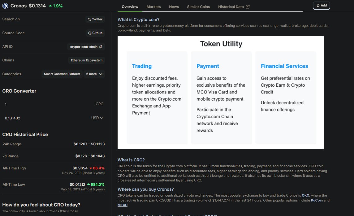 Not sure who runs outreach and marketing with Coingecko at <a href="/cryptocom/">Crypto.com</a> but can we please get this updated? Outdated references to "Crypto.com chain" and "MCO Visa card."