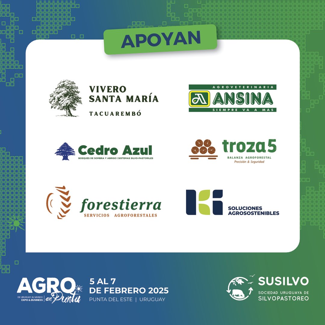 SUSILVO agradece el APOYO de estas empresas 🌱e invita junto a ellas a visitar nuestro STAND, presenciar nuestra CHARLA así como participar de las más de 40 conferencias! 📢✨

Los esperamos a todos en AGRO EN PUNTA / Expo &amp; Business 🌍🚜 <a href="/agroenpunta/">AgroenPunta</a>