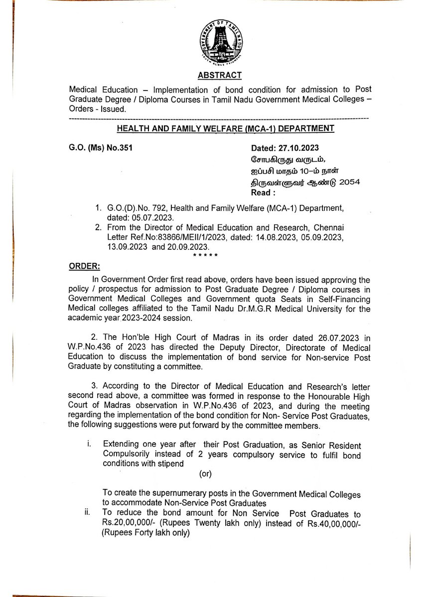 NaduDoctors's tweet photo. @FAIMA_INDIA_ @NewIndianXpress @Xpress_edex @timesofindia @TimesNow @DinamaniDaily @sunnewstamil @medicaldialogs @IMAIndiaOrg @imajdnnational We request the Honourable Health Secretary, @supriyasahuias Ma'am, Govt. of Tamil Nadu to consider our request for bond reduction from two years to one year as per the G.O. 351.

(3/n) https://t.co/Pok5nKPVIp