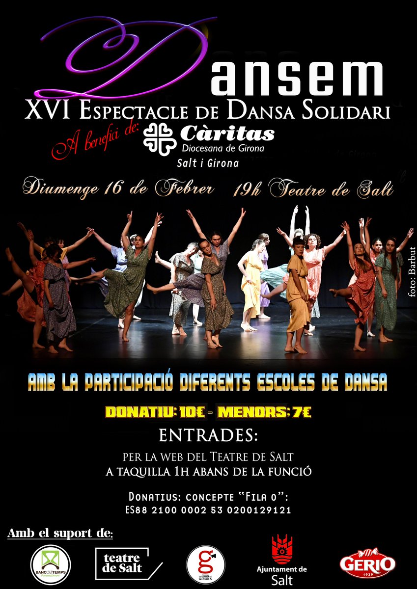 caritasgirona's tweet photo. CULTURA SOLIDÀRIA | 👯 #DANSEM, l'espectacle de ball solidari a benefici de @caritasgirona, celebra la seva XVI edició! Les escoles de dansa del territori ja estan preparades, i tu? 🤗
🗓️ 16/02
⏰ 19 h
📍 @teatredesalt
🎟️ https://t.co/hnCPIFNQiw
#CàritasSalt
#CàritasGirona https://t.co/1MtieTpBzb