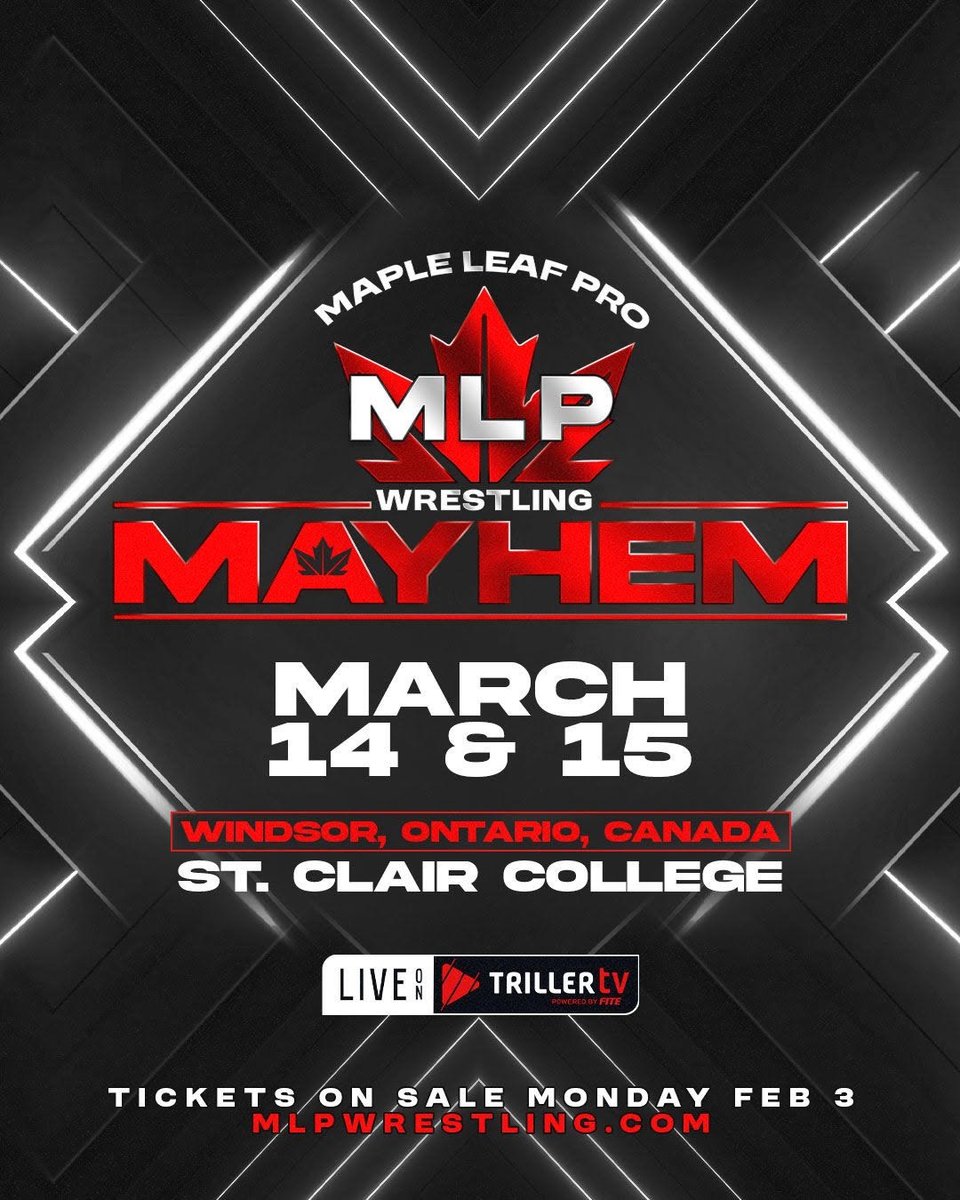 MapleLeafPW's tweet photo. MAPLE LEAF PRO is bringing the Maple Leaf back to Toronto and more specifically, back to the former Maple Leaf Gardens! On May 11, 2025, MLP makes its Toronto debut at the Toronto Metropolitan University’s Mattamy Athletic Centre with MLP Northern Rising, bringing professional wrestling back to the famous intersection of Carlton and Church Streets.
But first, the Road to Northern Rising will kick off in Windsor, Ontario on the weekend of March 14 and 15 at St. Clair College, with MLP Mayhem, for another two-night extravaganza featuring the best of the world alongside world class Canadian talents! Already announced to appear are "The Nomad" Bishop Dyer (formerly Baron Corbin in the WWE) and 3x Pro Wrestling NOAH GHC Heavyweight Champion Kaito Kiyomiya!
TICKETS FOR MLP MAYHEM GO ON SALE THIS MONDAY AT 10am!
STAY TUNED FOR MORE DETAILS FOR MLP NORTHERN RISING IN TORONTO!
PRESS RELEASE: https://t.co/6rgZppLkuR