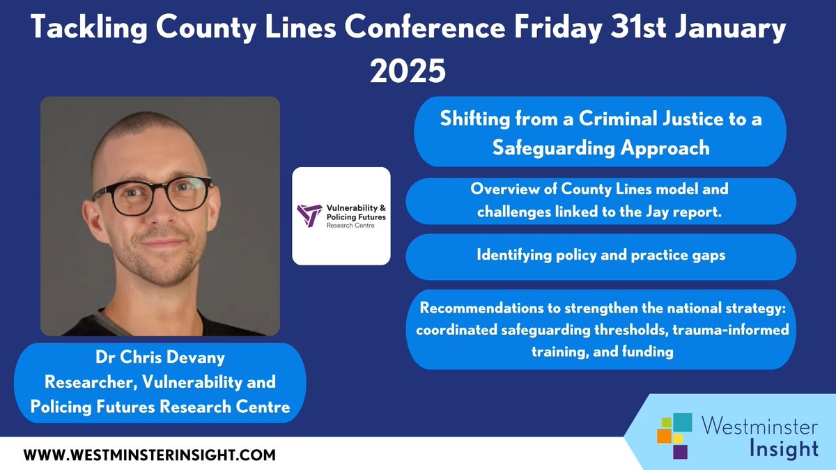 Vulnerability & Policing Futures Research Centre (@vp_centre) on Twitter photo Our postdoctoral researcher <a href="/ChrisDevany_PhD/">Dr Chris Devany</a> is speaking at <a href="/WMinsightUK/">Westminster Insight</a>’s Tackling County Lines conference today, sharing findings from our “County lines policing and vulnerability” project.
Read more about the project on our website: vulnerabilitypolicing.org.uk/county-lines/ Our postdoctoral researcher <a href="/ChrisDevany_PhD/">Dr Chris Devany</a> is speaking at <a href="/WMinsightUK/">Westminster Insight</a>’s Tackling County Lines conference today, sharing findings from our “County lines policing and vulnerability” project.
Read more about the project on our website: vulnerabilitypolicing.org.uk/county-lines/