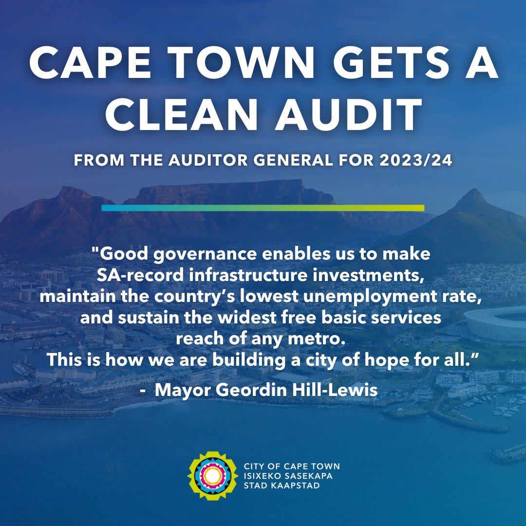 Cape Town has achieved another CLEAN AUDIT! ✅👏

While also being the top-ranked city in SA for good governance 🇿🇦🔝