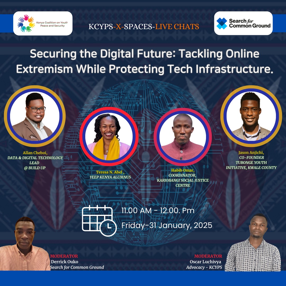Oscar Luchivya (@oscar_ln1) on Twitter photo SHALL WE?
How can we secure our tech infrastructure while protecting freedom of expression?
Join <a href="/SFCG_Kenya/">Search for Common Ground Kenya(@SFCG_Kenya)</a> & <a href="/YPSinKenya/">Kenya Coalition on Youth, Peace and Security</a> in this exiting conversation
Set this link as a reminder x.com/i/spaces/1yoKM…
🚀🚀🚀 SHALL WE?
How can we secure our tech infrastructure while protecting freedom of expression?
Join <a href="/SFCG_Kenya/">Search for Common Ground Kenya(@SFCG_Kenya)</a> & <a href="/YPSinKenya/">Kenya Coalition on Youth, Peace and Security</a> in this exiting conversation
Set this link as a reminder x.com/i/spaces/1yoKM…
🚀🚀🚀