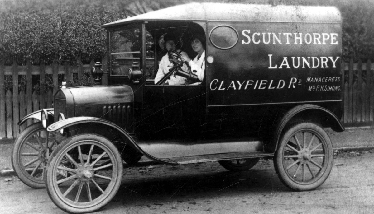 Northlincmuseum's tweet photo. #ThrowbackThursday
Scunthorpe steam laundry van, a Ford, Miss Bradley seated left, Miss Austin at the wheel, c.1920. Scunthorpe Steam Laundry had a business in Clayfield Road, later renamed Doncaster Road.
#Throwback #ImageArchive #History #LocalHistory #Museum #Scunthorpe https://t.co/27rUsxqIf6