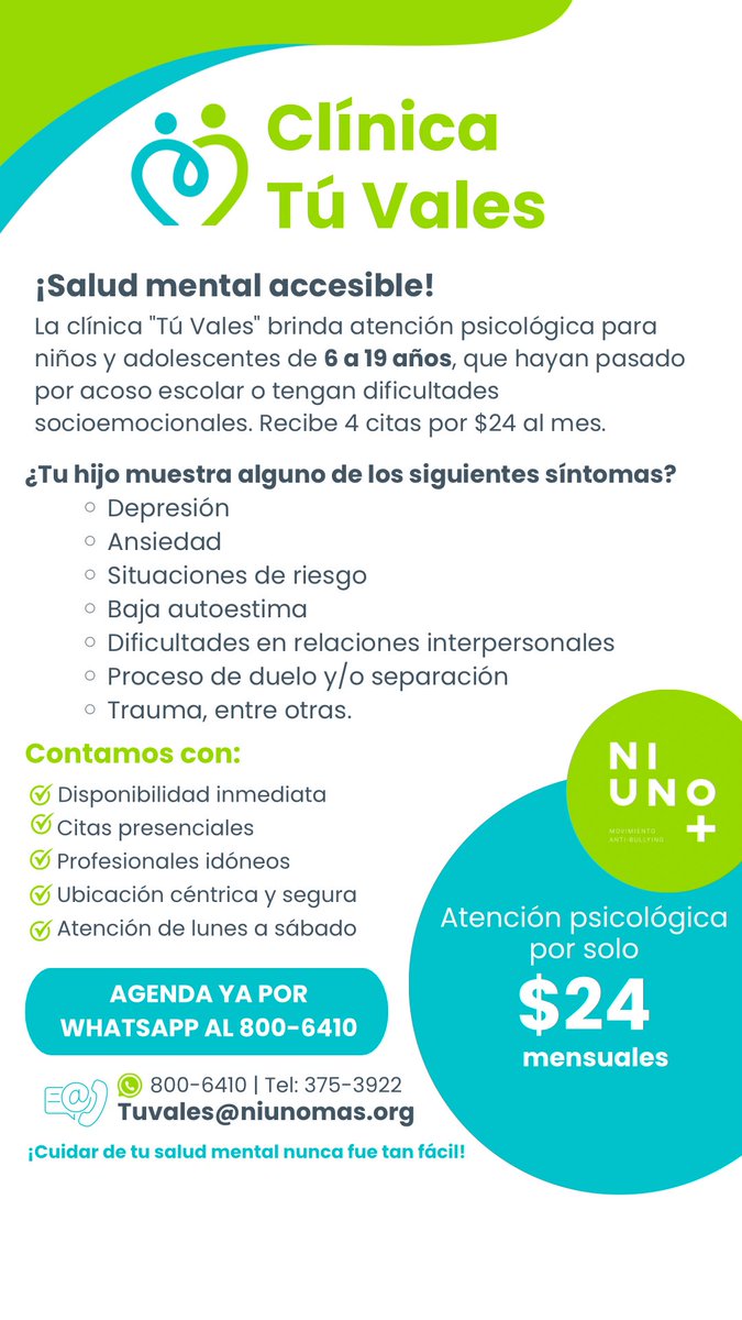 En la mochila de tu hijo en este regreso a clases no puede faltar la SALUD MENTAL! Y por fin, está al alcance. <a href="/NiUnoMasPanama/">Ni Uno Más</a> está recibiendo pacientes nuevos en su clinica a bajo costo. Pagas $24 al mes x 4 citas de una hora en la Clínica Tu Vales en Obarrio. WhatsApp 800-6410