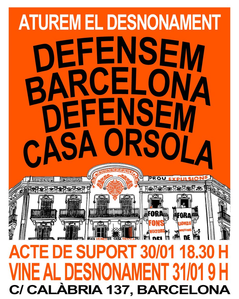 📍Avui i demà, tothom amb <a href="/VeinesOrsola/">Veïnes Casa Orsola</a> 

Defensar Casa Orsola és defensar els barris, defensar Barcelona. 

✊Aturarem el desnonament!
