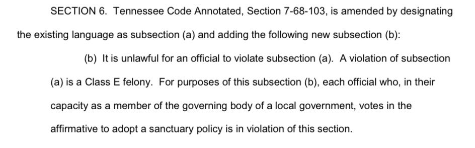 EpsilonTheory's tweet photo. Y’day, the Tennessee Senate passed through committee a bill making it a felony for a local official to VOTE for ‘sanctuary policy’ (as defined by the TN Safety Commissioner) for a city or town.

If you don’t see where this is heading I got nothing for ya.

https://t.co/CbkFSEfK8O https://t.co/Vse6234fV1