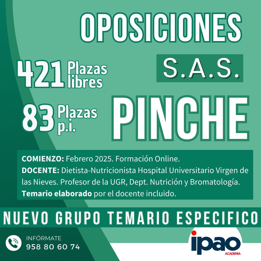 Comenzamos nuevo grupo de preparación del temario específico de las oposiciones a 𝐏𝐢𝐧𝐜𝐡𝐞 𝐝𝐞𝐥 𝐒𝐞𝐫𝐯𝐢𝐜𝐢𝐨 𝐀𝐧𝐝𝐚𝐥𝐮𝐳 𝐝𝐞 𝐒𝐚𝐥𝐮𝐝.👨‍🍳

Aprovecha esta oportunidad. Próximamente se convocarán 421 plazas libres y 83 plazas p.i.

ipao.online/cursos/oposici…