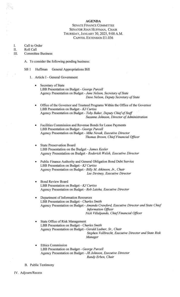 Today, the Senate Finance Committee will hear from the Office of the Governor, Secretary of State, Facilities Commission, Ethics Commission and others beginning at 9:00 AM. Agenda is provided below. #txlege