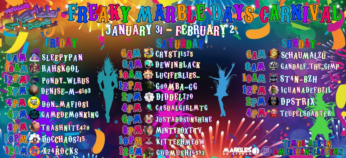 CasualGirlMTG's tweet photo. 🎭FMD XIII is this weekend! 
🙏25 Streamers from all over the world celebrating friendship and #MarblesOnStream Communities! 
🕙My segment: Saturday, February 1st 4pm ET 
🏆Prizes: 1st 30 TC or 100MM - 2nd/3rd Pink Streaked skin
🖥️See you all there ! https://t.co/H1ActT765o https://t.co/gMXsipbnhI