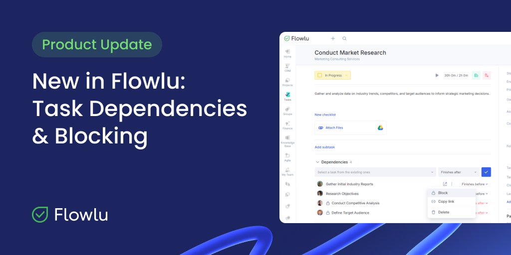 Flowlusoft's tweet photo. Flowlu’s latest update is here!
👀 See dependencies in Gantt Chart AND task cards
🔗 Create multiple links between tasks in complex projects
⛔ Block completion to ensure tasks happen in correct order
Try it & tell us what you think! 💭
#Flowlu #NewFeature #TaskDependencies https://t.co/DOWOJqc4cR