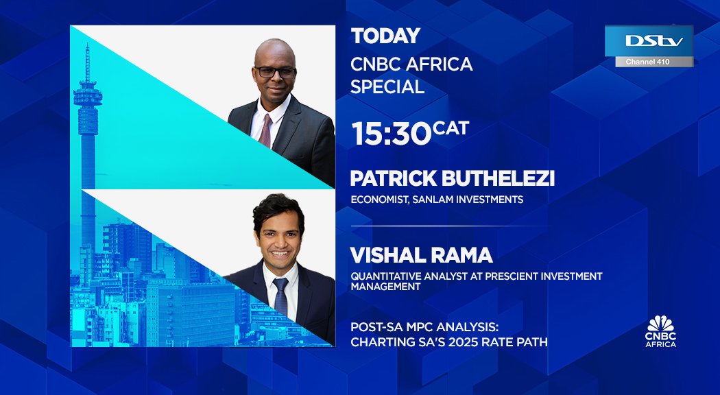 cnbcafrica's tweet photo. [WATCH] #CNBCAfricaSpecial: Post-SA #MPC Analysis: Charting SA's 2025 rate path. Vishal Rama at Prescient Investment Management and Patrick Buthelezi at Sanlam Investments, joins us for more. Tune into #DSTV410 at 15h30 CAT. https://t.co/VjF1U81pV4