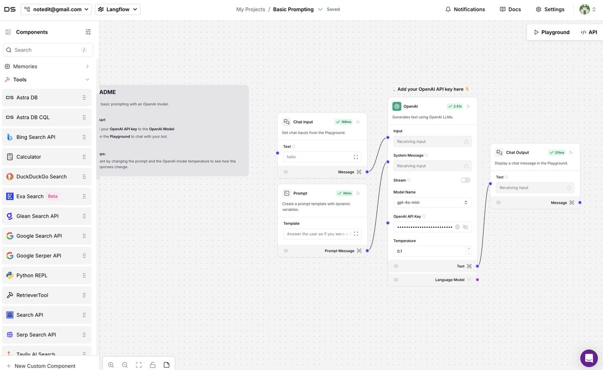 leeoxiang's tweet image. 关于工作流平台大家关注dify 和 coze比较多，还有一个非常不错的框架 langflow. 体验下来不错的几点：

1、Flow as an API，代码优先，workflow可以直接转换为可执行的代码；
2、支持丰富的逻辑判断；
3、MIT license，可以免费商用。

项目地址：langflow.org