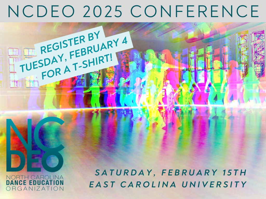 Our 2025 conference is QUICKLY approaching! Participants must register by TUESDAY 2/4 to ensure your T-SHIRT can be ordered in time. This is included in your registration, not to mention an amazing day of dance, discussion, conversation, and connection! 
bit.ly/NCDEO2025
