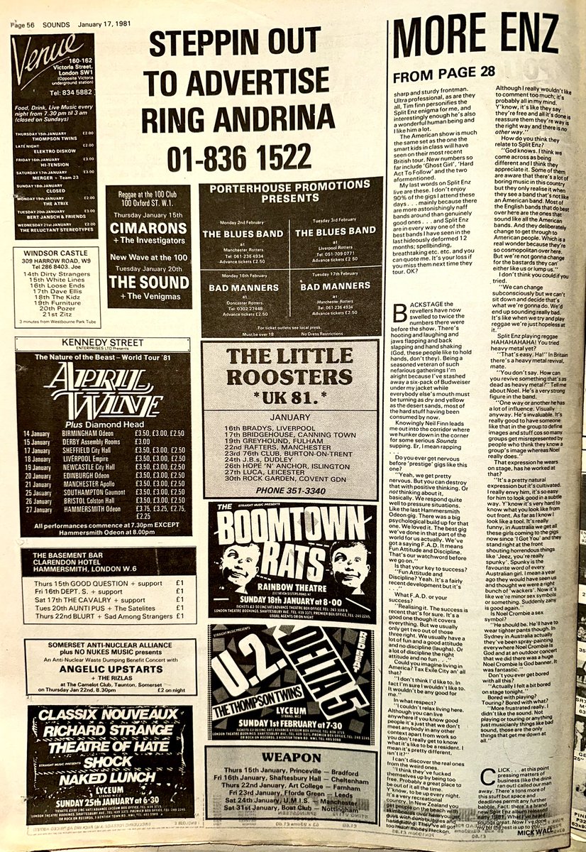 ZoundsAbound's tweet photo. This week I will be at the Marquee for #MoDettes & also at Rock City for firstly @UFO_rockband & then #GenX
Finally, home to Bradford St. George’s Hall for @Hazel_OConnor & then #AprilWine in Sheffield
Sounds Jan 17th 1981 https://t.co/Qvs7IpEh9o