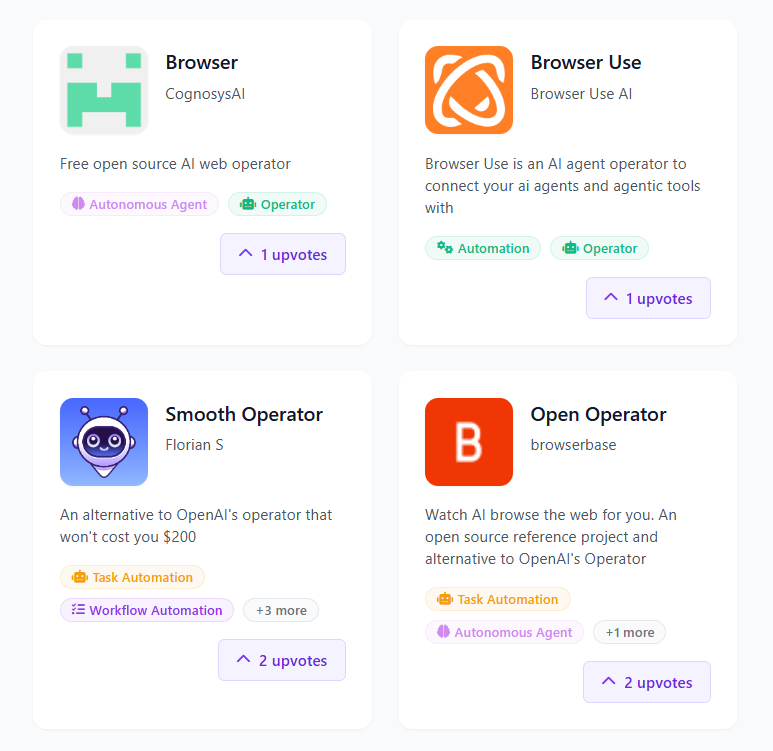 4 free alternatives to OpenAI's Operator:

Browser by CognosysAI - Free open source operator in development but available to try now.

agentlocker.ai/agent/browser

Browser Use - YC backed AI web operator with free and open source tiers available in addition to pro-versions ($30/m)
