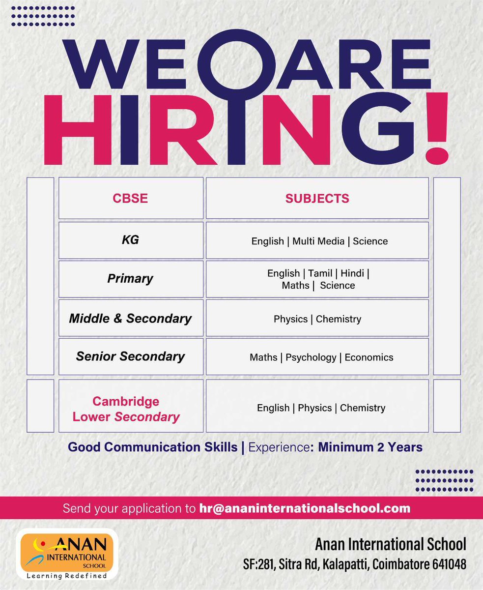 Anan International School (@ananintlschool) on Twitter photo 📢 We’re Hiring! 📢
#AnanInternationalSchool is looking for passionate and dedicated #teachers to join our dynamic team! 🌟
📧 Send your applications to hr@ananinternationalschool.com
#hiring #hiringnow #TeachingJobs #CareerOpportunities #coimbatorejobs #ApplyNow 📢 We’re Hiring! 📢
#AnanInternationalSchool is looking for passionate and dedicated #teachers to join our dynamic team! 🌟
📧 Send your applications to hr@ananinternationalschool.com
#hiring #hiringnow #TeachingJobs #CareerOpportunities #coimbatorejobs #ApplyNow