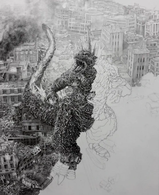 ゴジラ 半分できた。
#鉛筆画 #ゴジラマイナスワン 