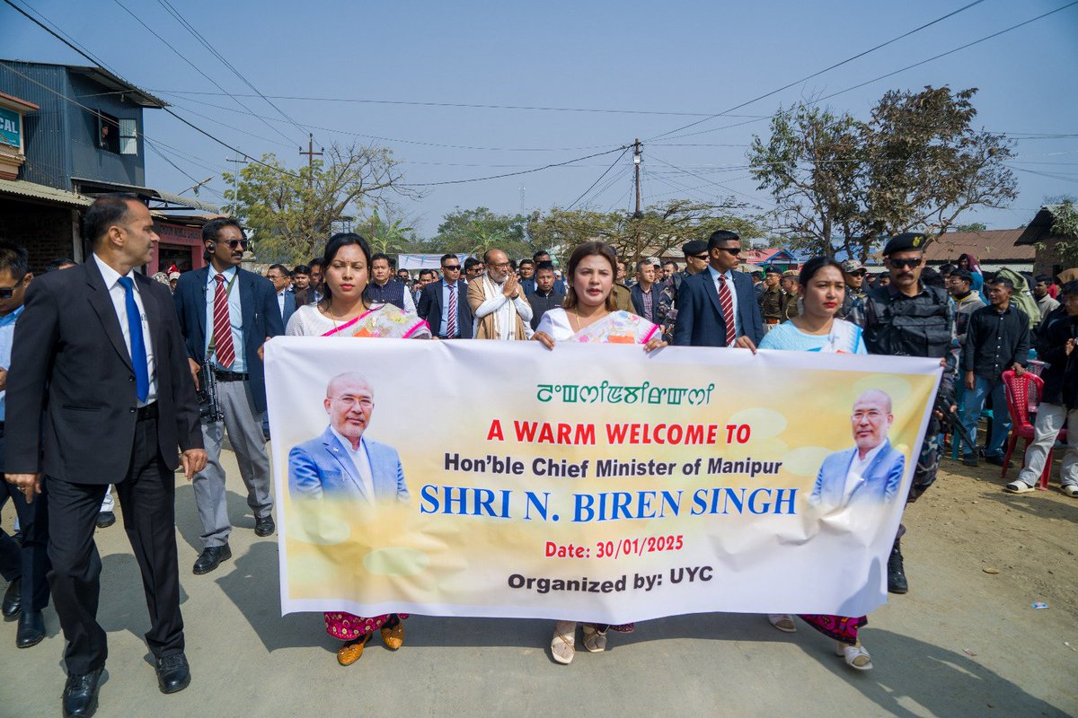 manipur_cmo's tweet photo. HON'BLE CM N BIREN SINGH INTERACTS WITH PEOPLE OF KHANGABOK, THOUBAL DISTRICT, ANNOUNCES DEVELOPMENT WORKS

Hon'ble CM N Biren Singh interacted with locals of Khangabok,Thoubal District, at a public interaction programme held today at Khangabok Maisnam Leikai, UYC Ground.

Hon'ble CM was accompanied by Power Minister Shri Th. Biswajit Singh, Health Minister Dr. Sapam Ranjan Singh, CAF & PD Minister Shri L. Susindro Meitei, MLAs Shri Sapam Kunjakewor, Shri Thongam Shanti, Shri Khongbantabam Ibomcha and Md. Abdul Nasir among others during the interaction programme.

Hon'ble CM and his colleagues, upon their arrival, were accorded a warm welcome by students and the locals of Khangabok.

While interacting with the people present at the venue, Hon'ble CM stated that many people of the State had begun to know the core issue of the current unprecedented crisis and had started rendering their support and cooperation in taking the State towards peace and normalcy.

He maintained that the State Government would always stand firmly to safeguard the unity and integrity of the State. He added that the Government had done nothing against any of the communities which had been living together since time immemorial, but would stand against those vested interest groups trying to disintegrate the State.  

Hon'ble CM, after listening to the grievances and demands raised during the interaction, announced to take up certain development works at Khangabok. He announced to allocate Rs. 50 lakhs for installing water pumps at four paddy fields namely Louhonbi Loukon, Keipha Loukon, Kiyam Loukon and Tentharam Loukon. He further assured to develop an open gym.

Appreciating the public's concern for conserving water bodies, Hon'ble CM announced to include development projects at Ikop Pat and channel cleaning of Loukhong Pat with a cost Rs. 1.2 crore each in the work programme.  

The interaction programme was also attended by representatives of local bodies, Self Help Groups, Village Volunteers, and the public of Khangabok among others.