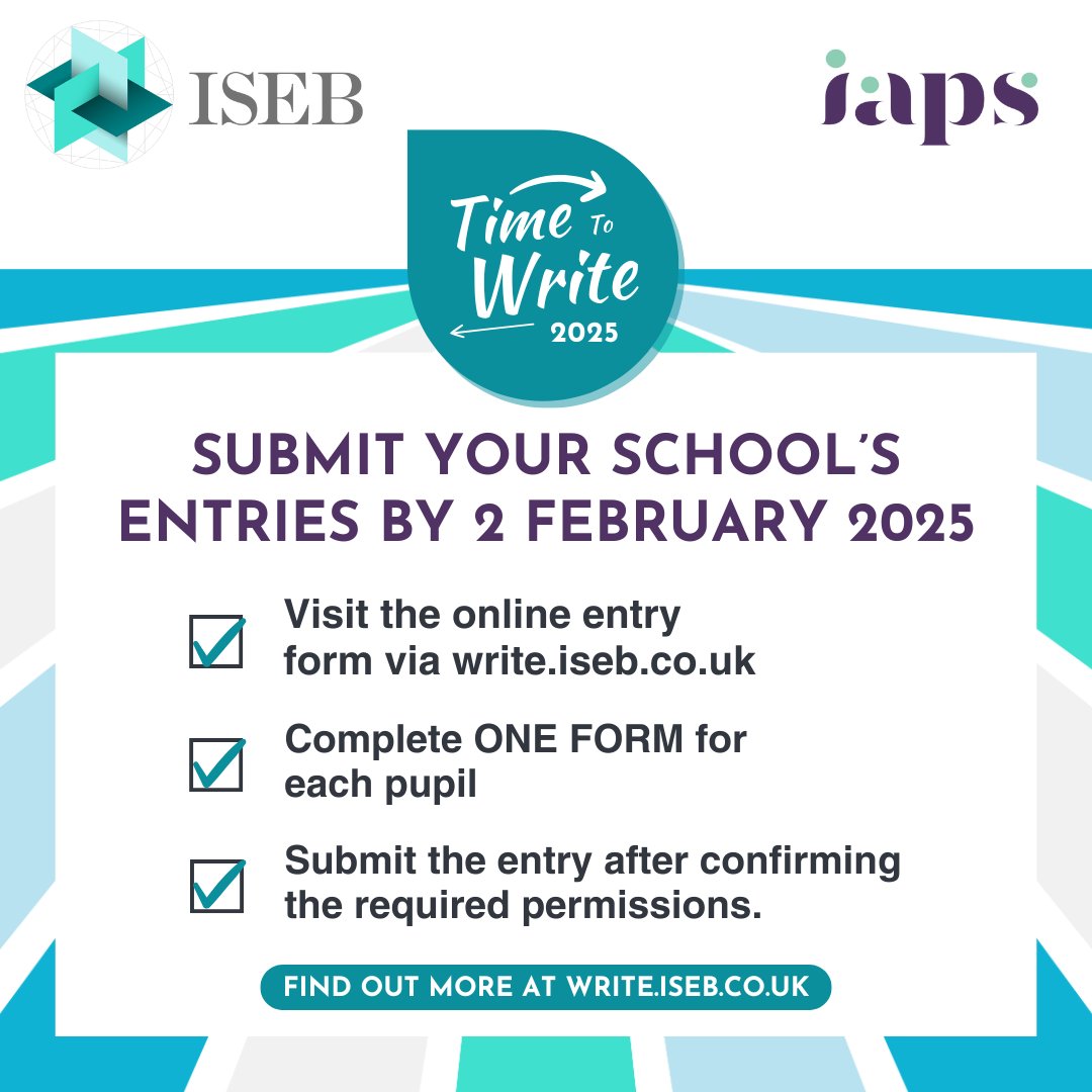 ISEBawards's tweet image. The Time to Write creative writing competition closes on 2 February at midnight. 🗓️ 

Please note that each pupil requires a separate entry form.

For full entry details, visit: write.iseb.co.uk.

#ISEBawards #IAPS #TimetoWrite #CreativeWritingCompetition
