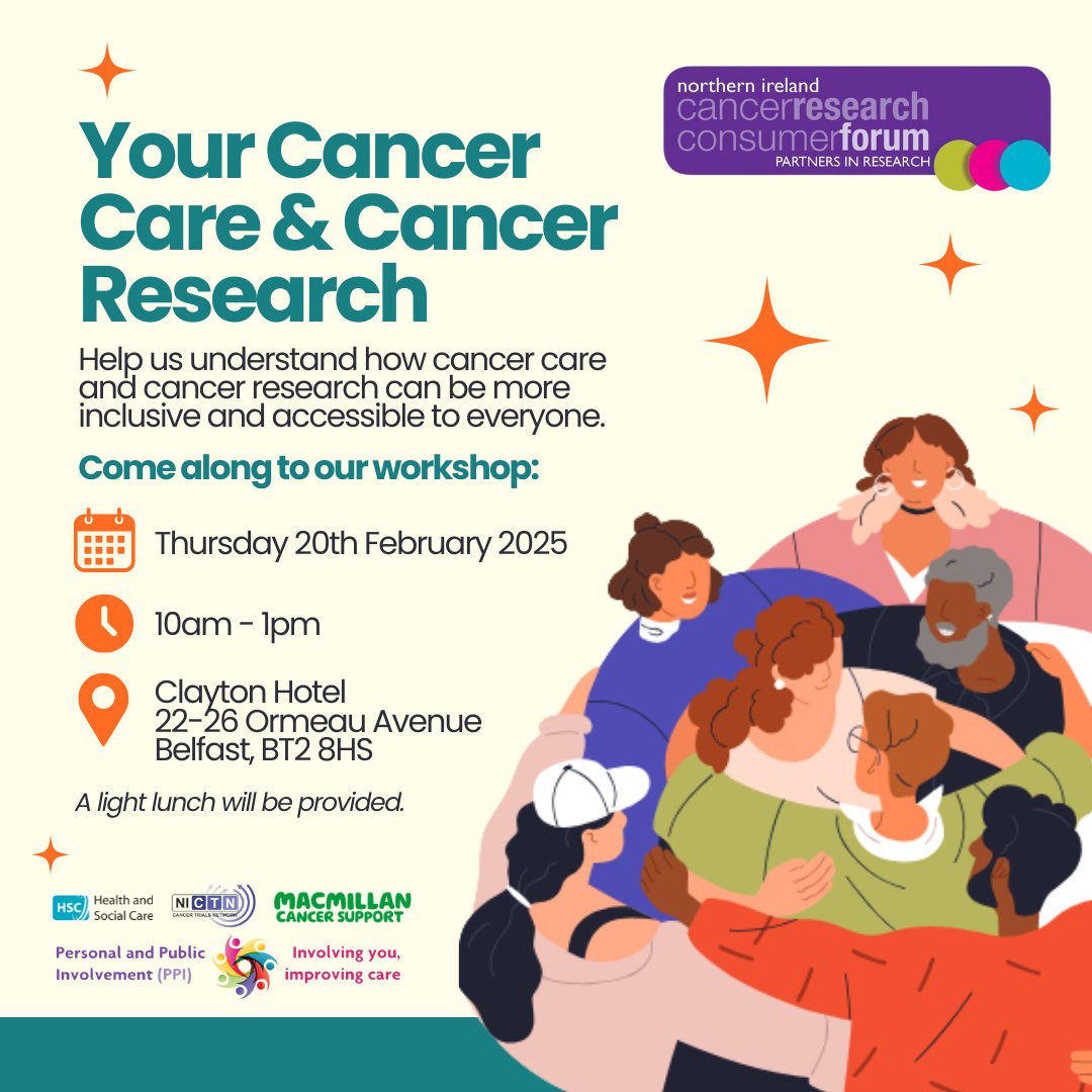 Are you living with cancer or caring for someone with cancer? We'd like to hear from you.  

Come to the workshop &amp; tell us how cancer care &amp; research can be more inclusive &amp; accessible to all. Register👉 forms.office.com/e/VQgm5kVjWi

📅 20th Feb 
🕙10am-1pm
📍Clayton Hotel, Belfast