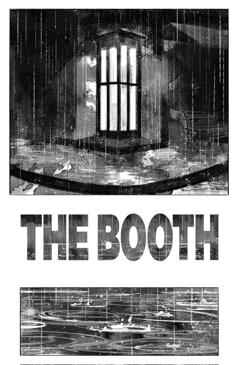 Here's the first page from my story "The Booth". I wanted a cinematic noir feeling to open with and Jeff nailed the title card vibe! Hope y'all like a nice, wet noir horror spiraling into unrequited love &amp; impending doom. HELLO DARKNESS #7 IS OUT NOW FROM <a href="/boomstudios/">BOOM! Studios</a> 👻