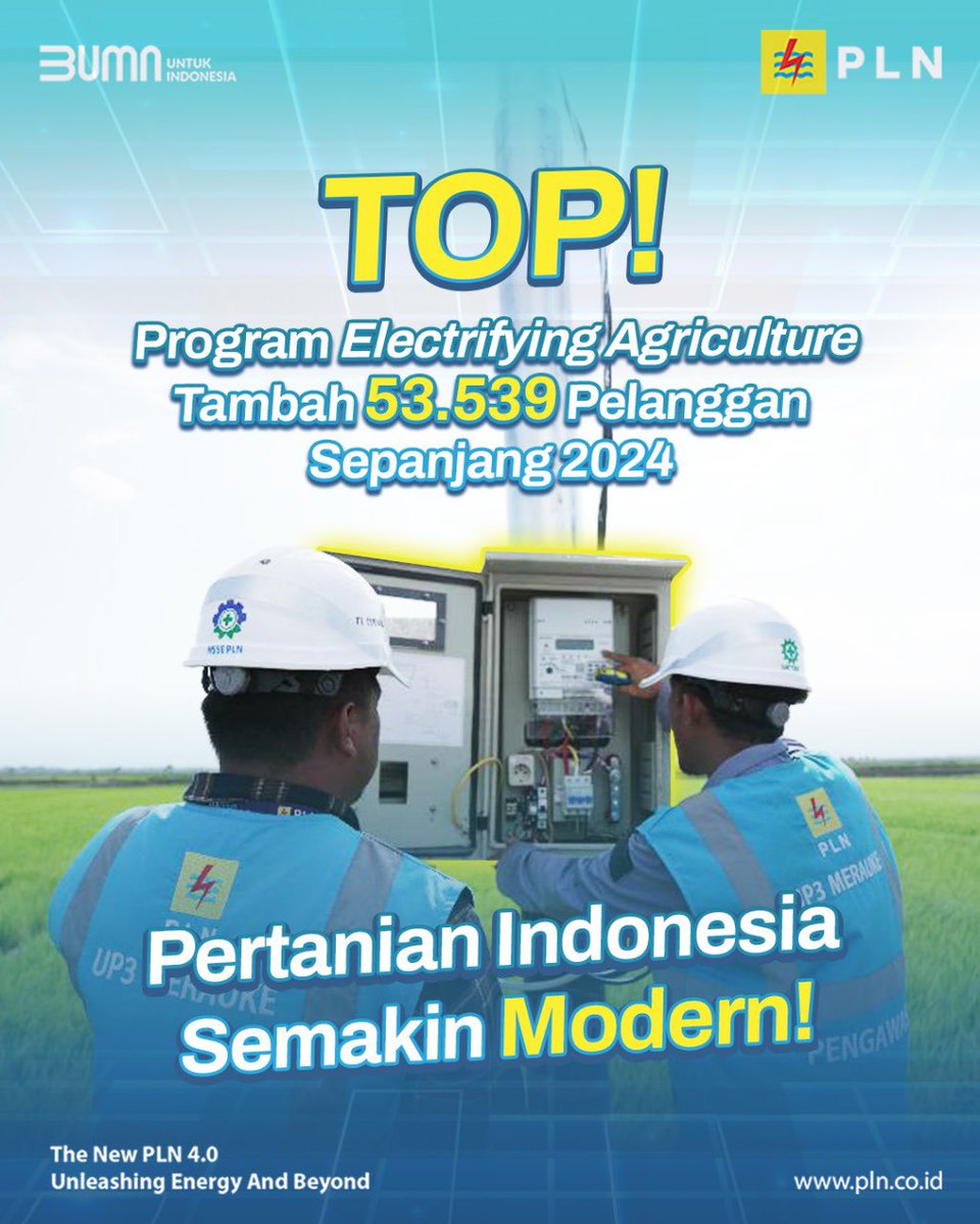Rizkypyk's tweet photo. Pertanian makin maju dengan listrik PLN! Program Electrifying Agriculture telah menjangkau lebih banyak petani dengan tambahan 53.539 pelanggan baru di 2024. Saatnya beralih ke teknologi ramah lingkungan dan hemat biaya!

#PLNuntukIndonesia https://t.co/LW1wHIk52z
