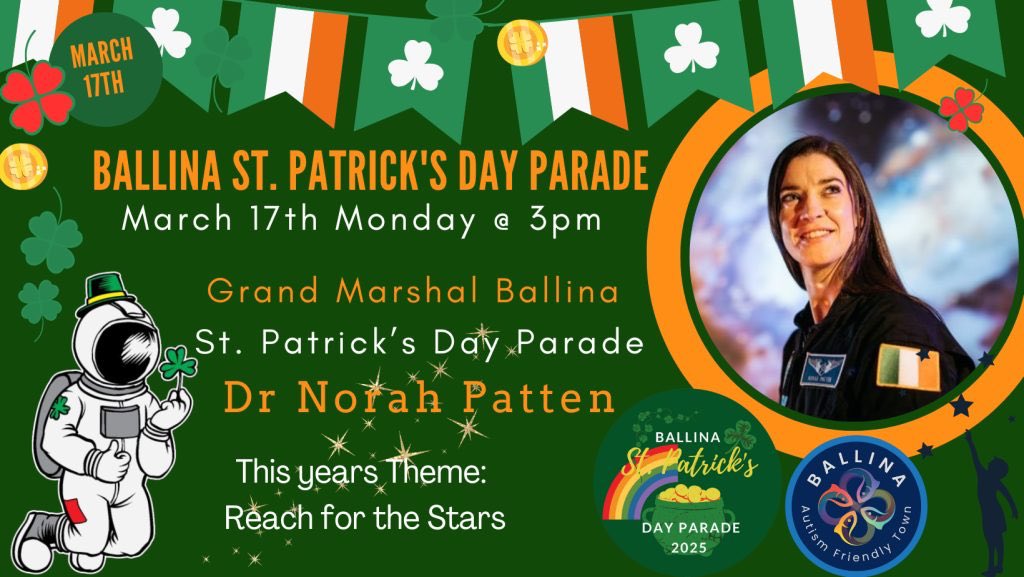Mayo North Tourism, Ireland (@mayonorth) on Twitter photo Great news for #Ballina as the organising committee announce none other than Dr. Norah Patten as the Grand Marshal of this years #StPatricksDayParade.
Read more here: northmayo.ie/grand-marshall…
<a href="/SpaceNorah/">Dr. Norah Patten 🚀</a> <a href="/ChamberBallina/">Ballina Chamber</a> Great news for #Ballina as the organising committee announce none other than Dr. Norah Patten as the Grand Marshal of this years #StPatricksDayParade.
Read more here: northmayo.ie/grand-marshall…
<a href="/SpaceNorah/">Dr. Norah Patten 🚀</a> <a href="/ChamberBallina/">Ballina Chamber</a>