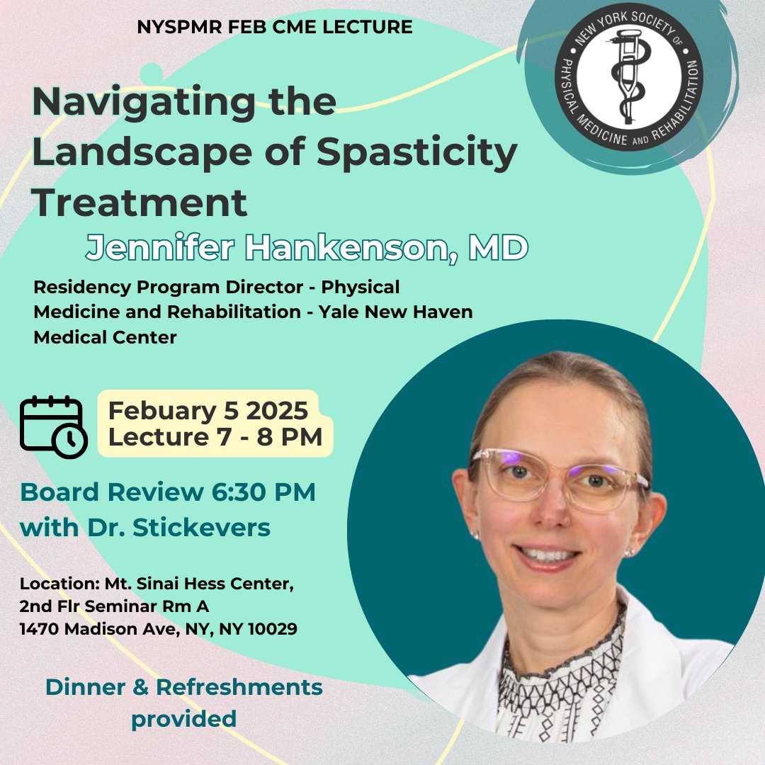NYSPMR (@nyspmr) on Twitter photo Join us on Wed Feb 5 for our CME Lecture with guest speaker Dr. Jennifer Hankenson Residency Program Director PM&R Yale New Haven Medical Center <a href="/OrthoAtYale/">Yale Department of Orthopaedics and Rehabilitation</a> Lecture at 7pm. Board review with Dr. Stickevers 6:30PM. Details in profile or nyspmr.org Join us on Wed Feb 5 for our CME Lecture with guest speaker Dr. Jennifer Hankenson Residency Program Director PM&R Yale New Haven Medical Center <a href="/OrthoAtYale/">Yale Department of Orthopaedics and Rehabilitation</a> Lecture at 7pm. Board review with Dr. Stickevers 6:30PM. Details in profile or nyspmr.org